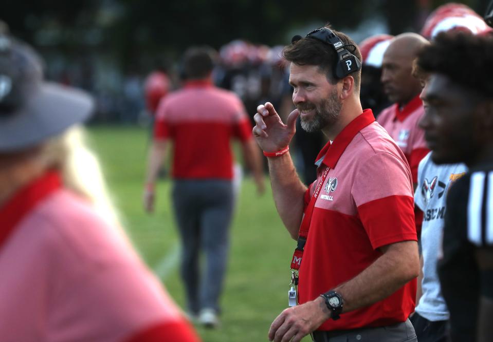 Manual's Josh Gillispie coaches against Central. Aug. 18, 2023