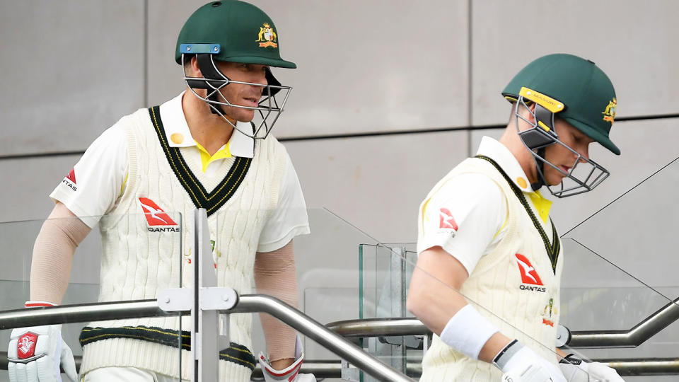 David Warner and Marcus Harris, pictured here walking out to bat during the Ashes series.