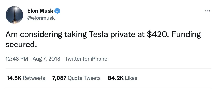 August 7, 2018 Tweet from Elon Musk