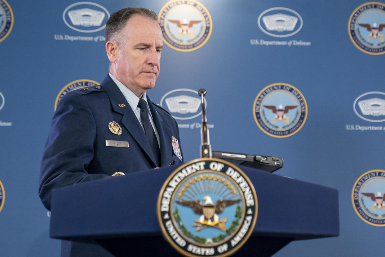 Pentagon spokesman U.S. Air Force Brig. Gen. Patrick Ryder arrives to speak at a media briefing at the Pentagon, Thursday, April 13, 2023, in Washington. (AP Photo/Alex Brandon)