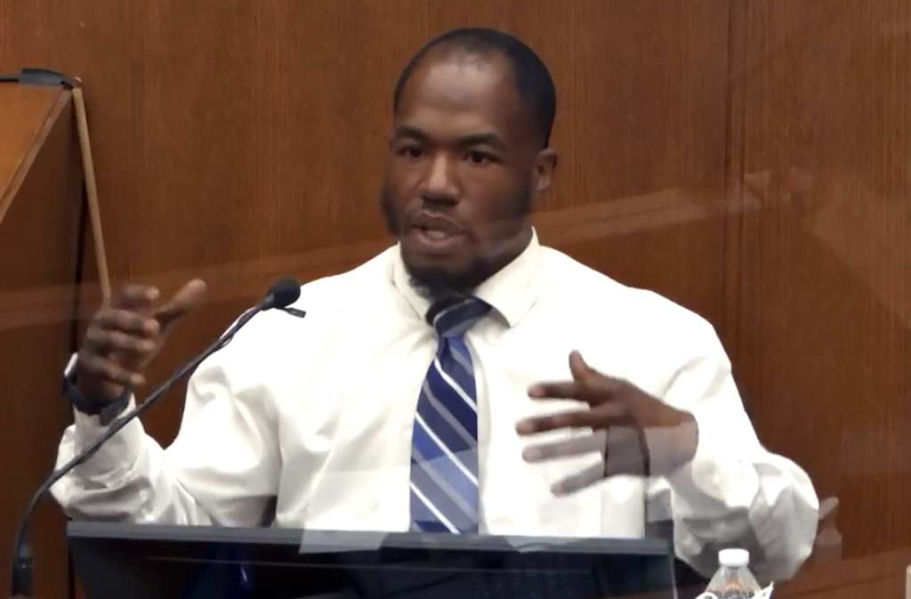 In this image from video, witness Donald Williams answers questions, March 29, 2021, at the Hennepin County Courthouse in Minneapolis during the trial of former Minneapolis Police Officer Derek Chauvin in connection with the May 25, 2020, death of George Floyd. (Court TV via AP, Pool, File)