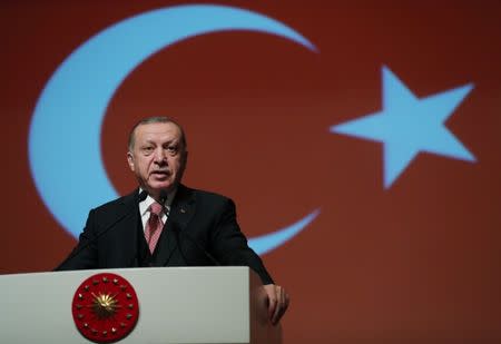 Turkey's President Tayyip Erdogan makes a speech at the Turkish Military Academy in Ankara, Turkey January 24, 2019. Cem Oksuz/Turkish Presidential Press Office/Handout via REUTERS