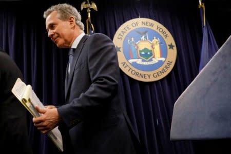 New York Attorney General Eric Schneiderman speaks during a news conference in New York, U.S., February 12, 2018. REUTERS/Brendan McDermid