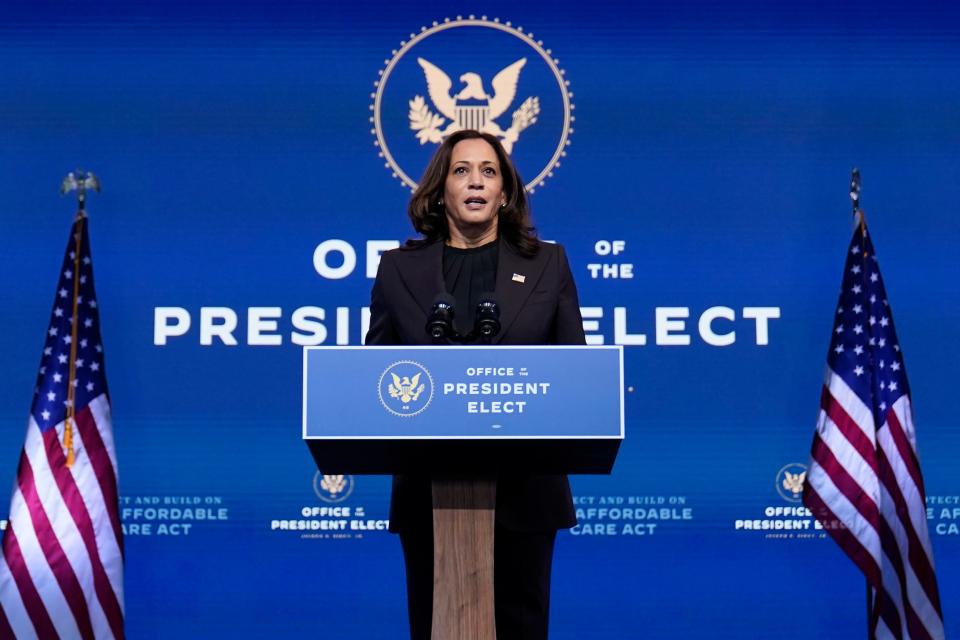 Vice President-elect Kamala Harris speaks in Wilmington, Delaware, on Nov. 10, 2020.