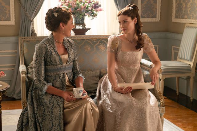 <p>Liam Daniel/Netflix</p> From left: Ruth Gemmell as Lady Violet Bridgerton and Hannah Dodd as Francesca Bridgerton in episode 301 of "Bridgerton".