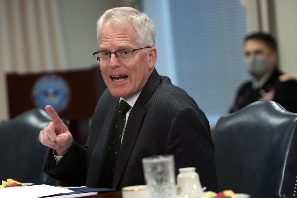 Acting U.S. Secretary of Defense Christopher Miller speaks during a meeting with Minister of National Defence of Lithuania Raimundas Karoblis Nov. 13, 2020 at the Pentagon in Arlington, Virginia.