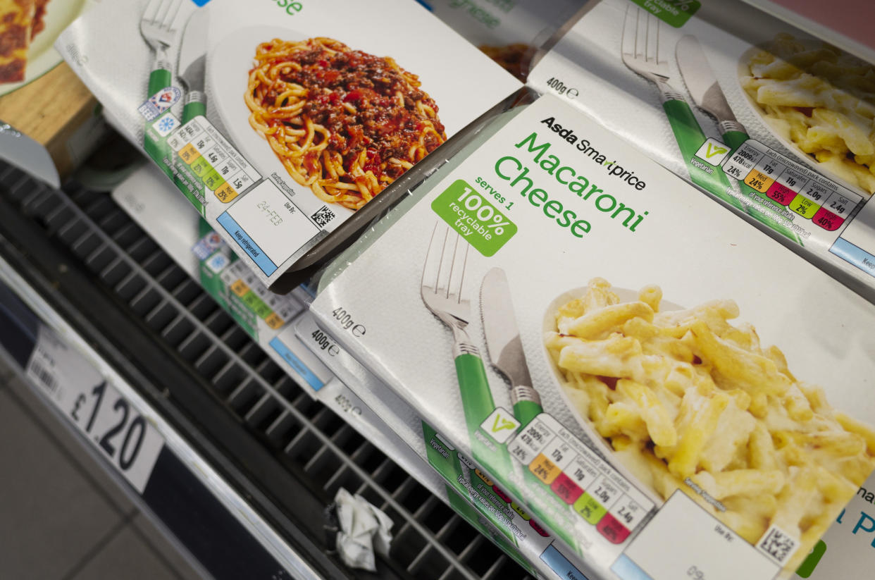 A microwave macaroni and cheese meal for one amongst other products in the Asda Smart Price range, the British supermarket giant's value range on 11th February, 2022 in Leeds, United Kingdom. Asda have committed to doubling the number of its stores stocking the reduced cost range of foods following criticism from poverty activist Jack Monroe that the supermarket was doing little to help consumers through the cost of living crisis. (photo by Daniel Harvey Gonzalez/In Pictures via Getty Images)