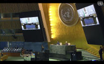 In this photo taken from video, Salman Bin Abdulaziz Al-Saud, King of Saudi Arabia, remotely addresses the 76th session of the United Nations General Assembly in a pre-recorded message, Wednesday, Sept. 22, 2021, at UN headquarters. (UN Web TV via AP)