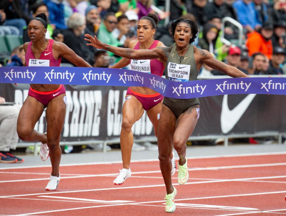 Jamaica’s Elaine Thompson-Herah crosses the finish line to win the women’s 100 meter dash at The Prefontaine Classic at Hayward Field Saturday, May 28, 2022, in Eugene, Oregon.