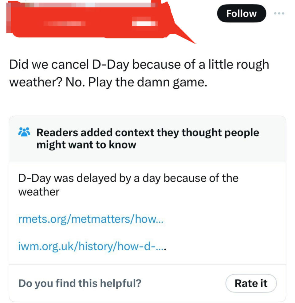 A tweet saying, "Did we cancel D-Day because of a little rough weather? No. Play the damn game." with added context about D-Day being delayed