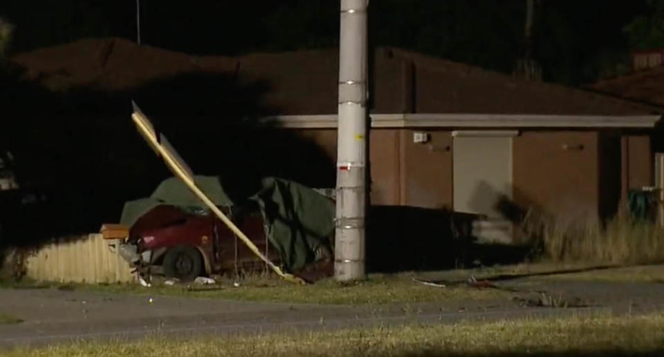 The crumpled Ford the mother and two children were travelling in. Source: Nine News