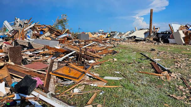 PHOTO: A handout photo made available by the Booker Fire Department shows the damages of an overnight tornado that has reportedly killed at least three people and injured dozens of others in Perryton, Texas, June 16, 2023. (Booker Fire Department Handout via EPA via Shutterstock)