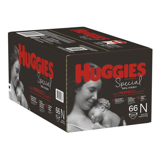 Featured in a stylish black box with the iconic Huggies logo, HuggiesÂ® Special Deliveryâ¢ diapers are now available online in sizes Newborn through Size 6, and at major U.S. retailers at the end of July, and Canadian retailers in August.