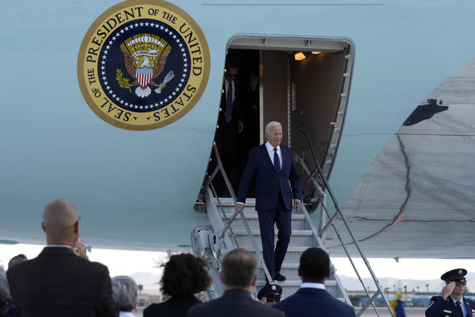 President Joe Biden walks from Air Force One as he arrives at Harry Reid International Airport in Las Vegas, Monday, July 15, 2024. (AP Photo/Susan Walsh)