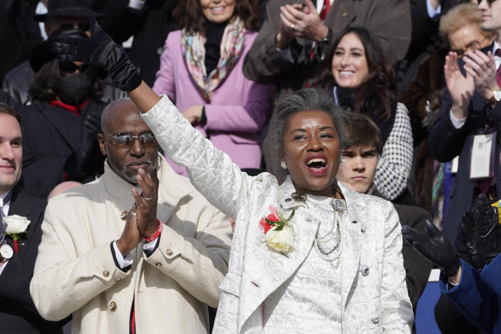 Virginia Lt. Gov. Winsome Earle-Sears, waves to the crowd during inaugural festivities at the Capitol Saturday Jan. 15, 2022, in Richmond, Va. (AP Photo/Steve Helber)