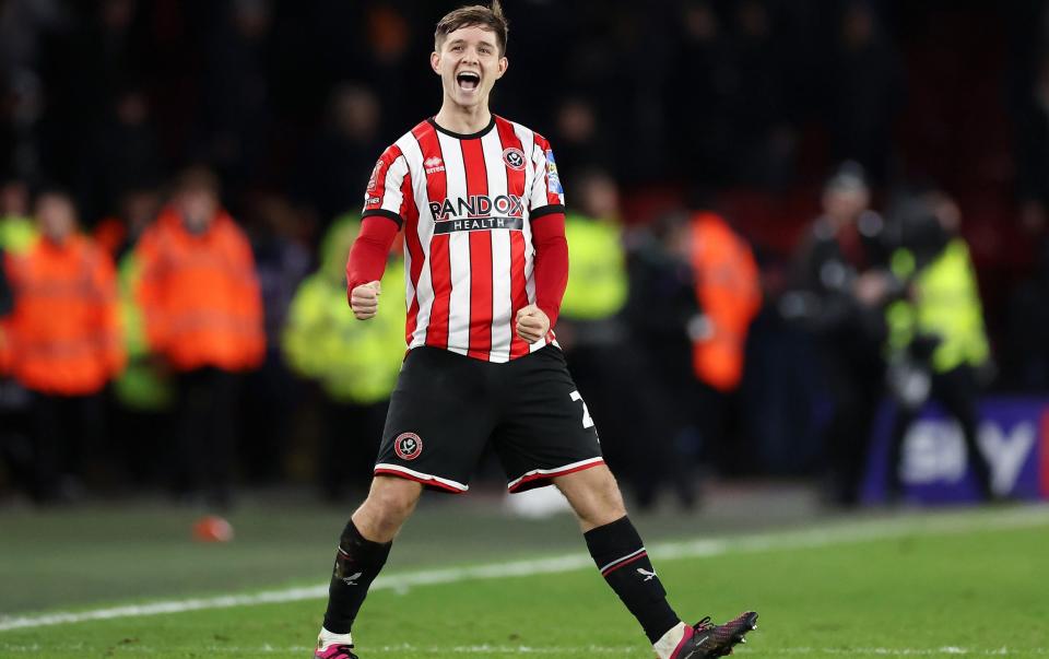 James McAtee of Sheffield United celebrates after their team's victory in the Emirates FA Cup Fifth Round