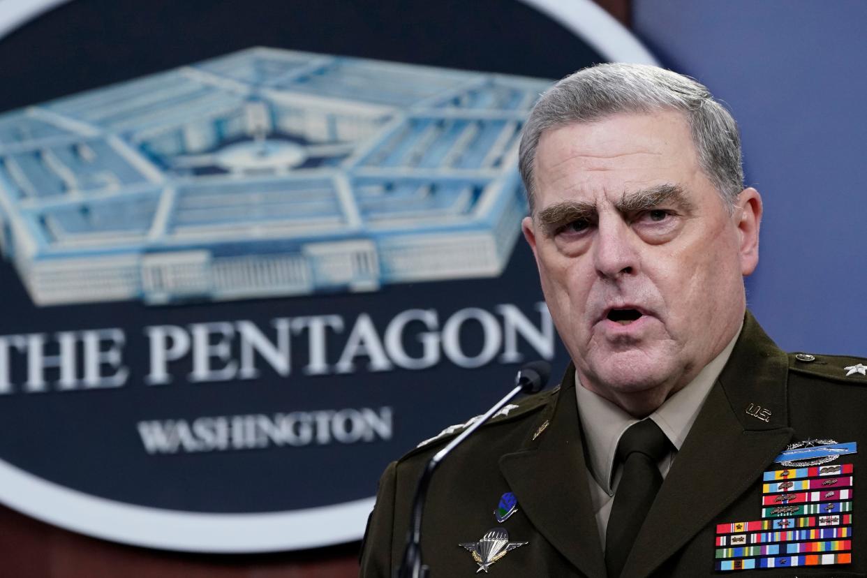 In this Sept. 1, 2021, file photo Joint Chiefs of Staff Gen. Mark Milley speaks during a briefing at the Pentagon in Washington about the end of the war in Afghanistan.