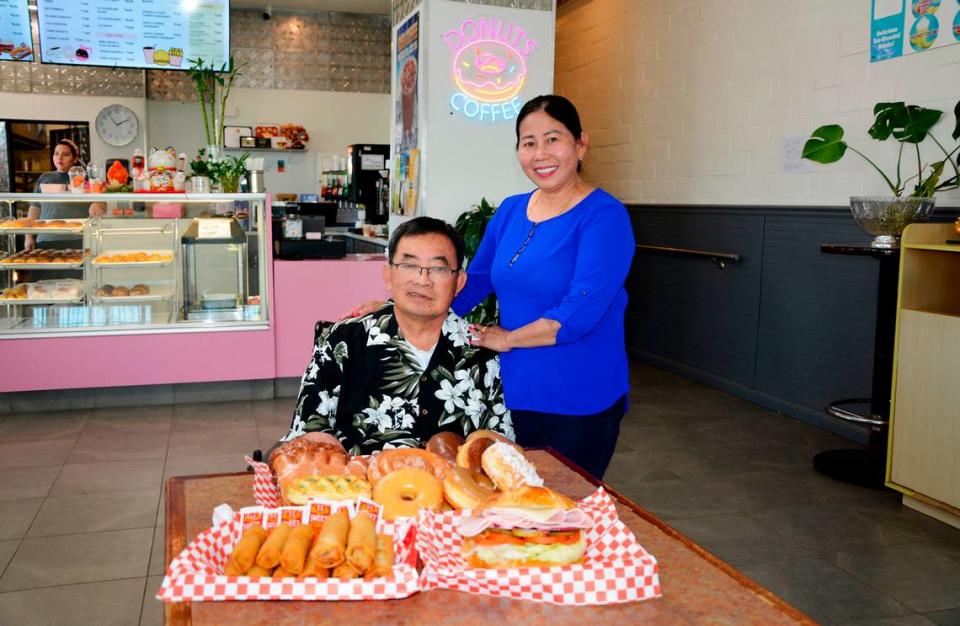 Sovanna’s Donuts husband-and-wife co-owners Boor Heng and Sovanna Lam in their downtown Gustine, California, shop.