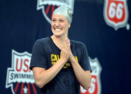 Aug 9, 2014; Irvine, CA, USA; Missy Franklin reacts after winning the womens 100m backstroke in 59.38 in the 2014 USA National Championships at William Woollett Jr. Aquatics Complex. Mandatory Credit: Kirby Lee-USA TODAY Sports