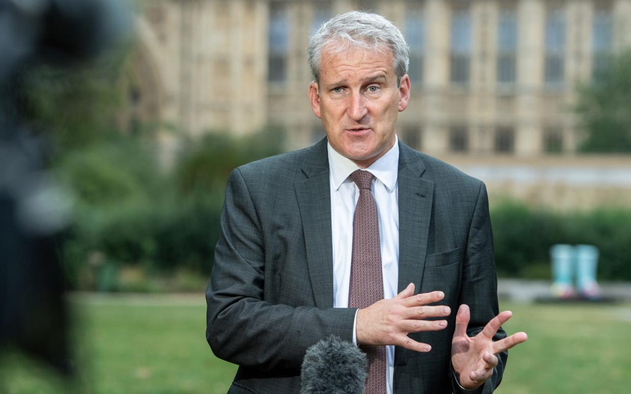 Damian Hinds, the shadow education secretary, speaks to the media this morning in Westminster