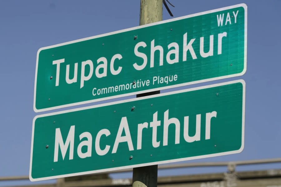 A new sign is seen following a street renaming ceremony for Tupac Shakur in Oakland, Calif., Friday, Nov. 3, 2023. (AP Photo/Eric Risberg)