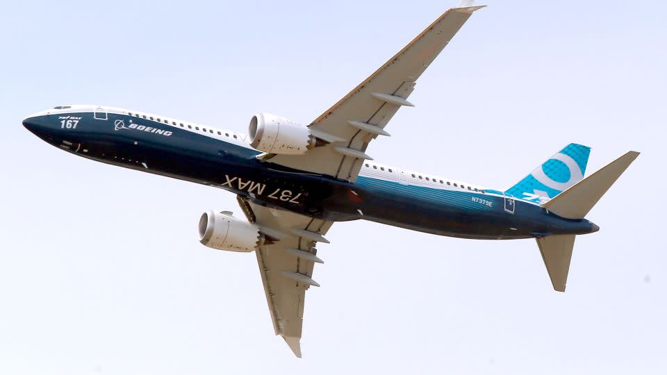 This file photo shows a Boeing 737 Max 9 airplane performing a demonstration flight at the Paris Air Show in 2017. - Michel Euler/AP