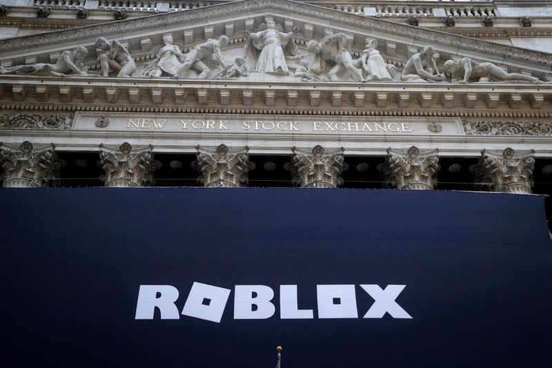 FILE PHOTO: The Roblox logo is displayed on a banner, to celebrate the company's IPO at the NYSE is seen in New York