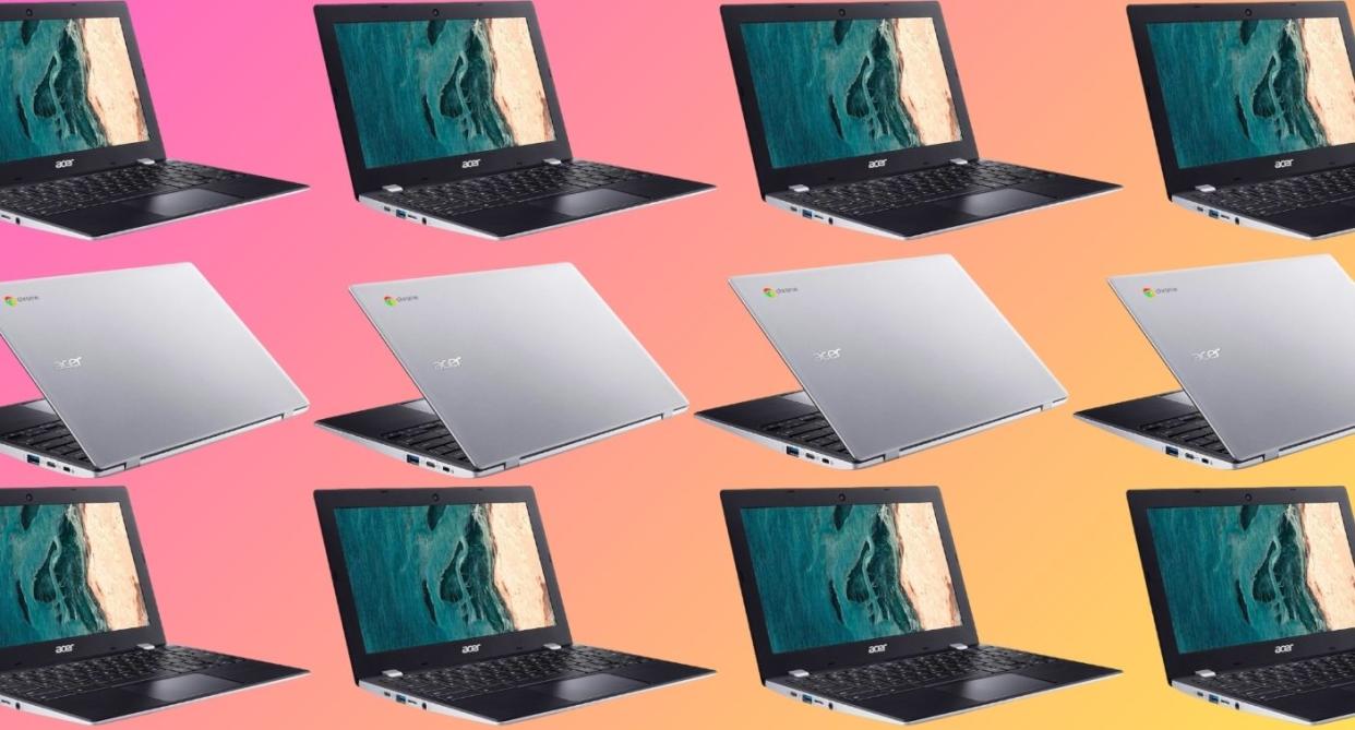 the discounted laptop repeating on a gradient background