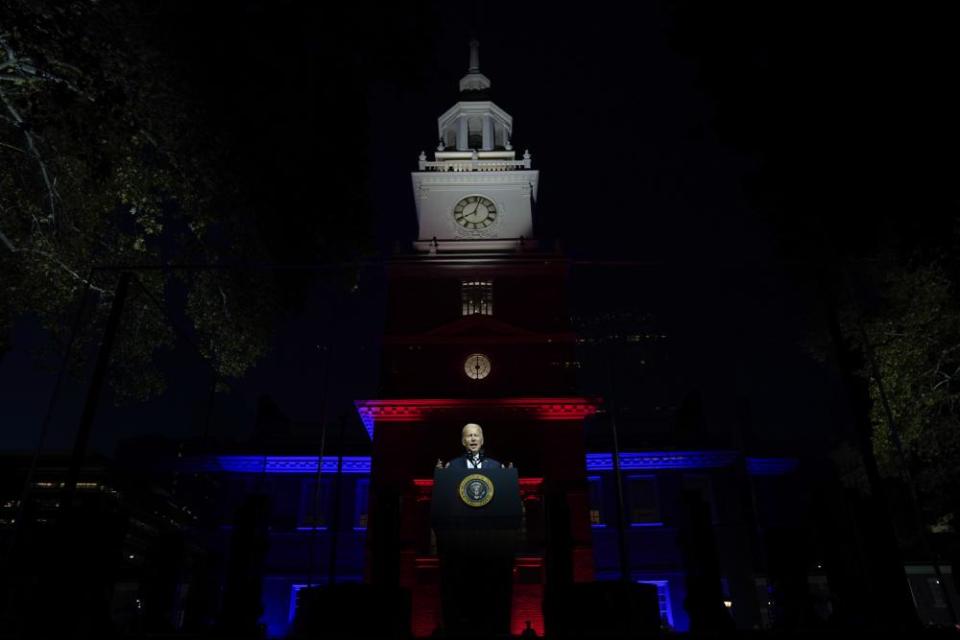 Joe Biden speaks outside Independence Hall in Philadelphia.