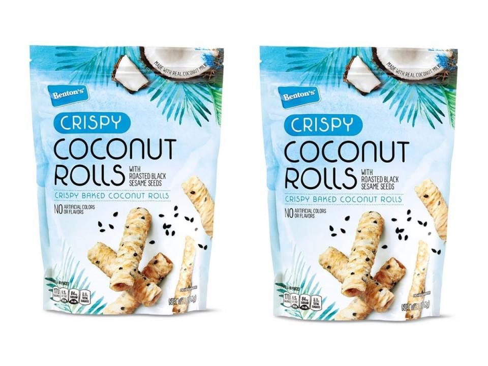 Aldi photos of blue and white bag of coconut rolls against white background