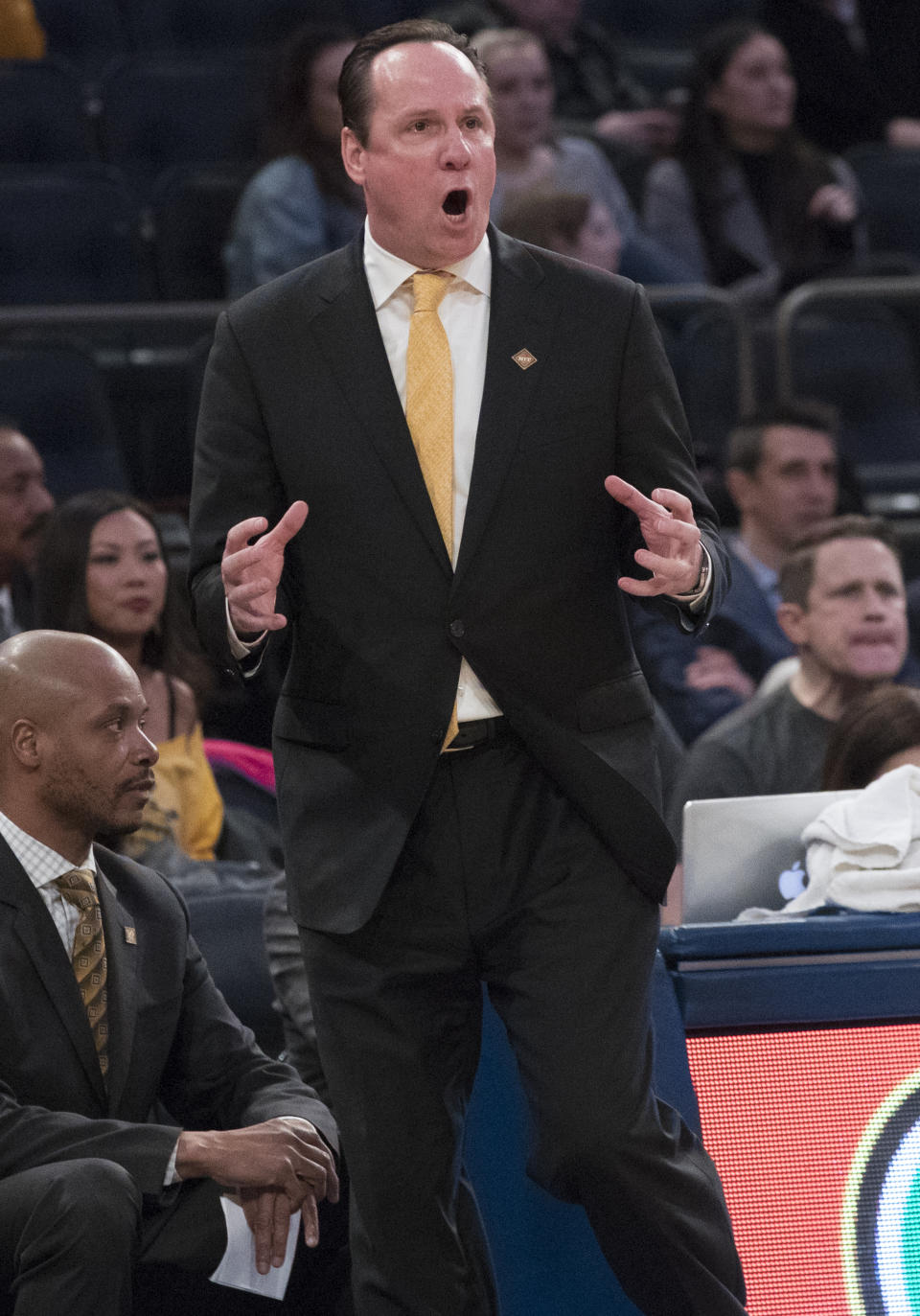 Wichita State head coach Gregg Marshall reacts during the first half of a semifinal college basketball game in the National Invitational Tournament against Lipscomb, Tuesday, April 2, 2019, at Madison Square Garden in New York. (AP Photo/Mary Altaffer)