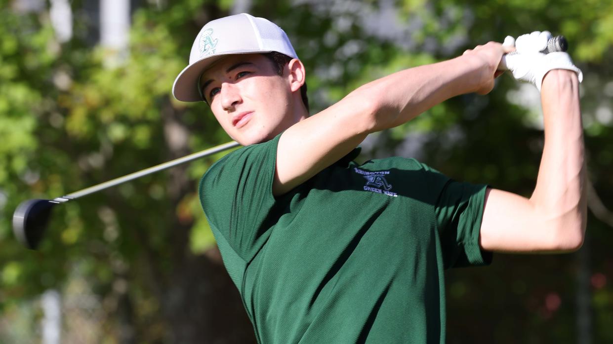 Abington's Evan St. Martin tees-off at the Ridder Farm Golf Course during a match versus East Bridgewater on Thursday, Sept. 29, 2022.