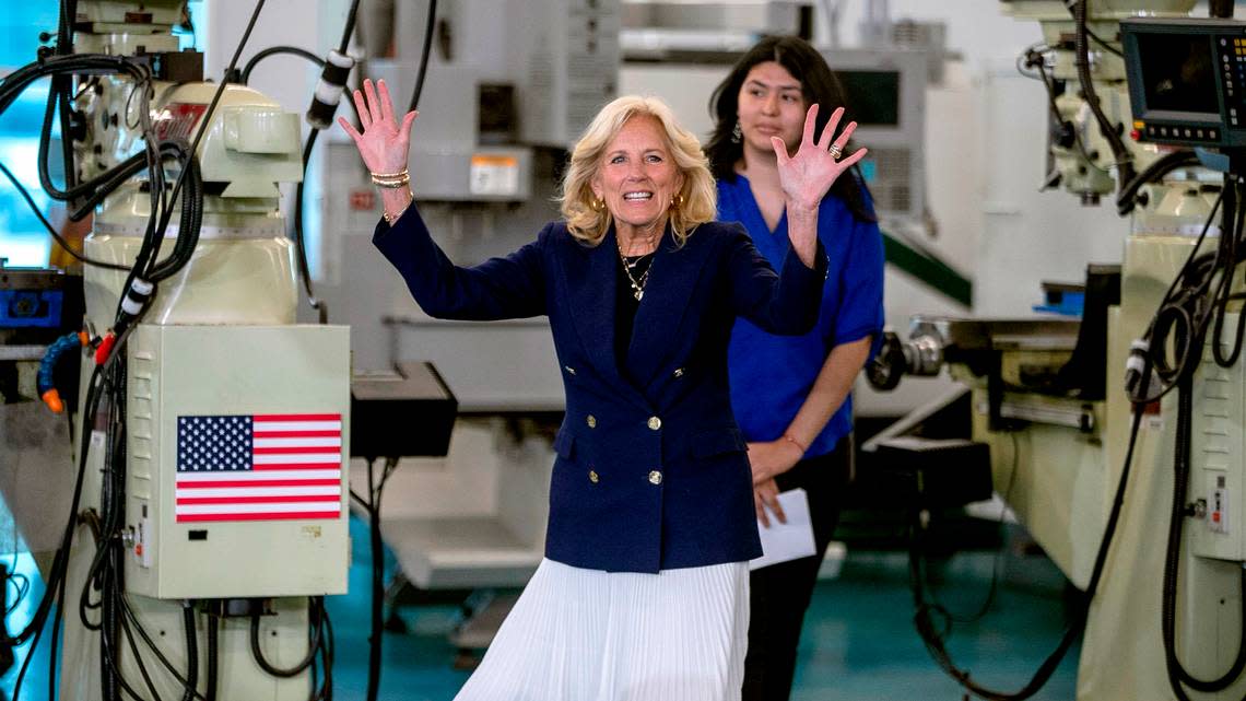 First Lady Jill Biden and America Gomez arrives at the advanced manufacturing lab at Nash Community College, where Gomez is a student on Friday, June 9, 2023 in Rocky Mount, N.C. The First Lady was joined by President Joe Biden as they highlight the the $23.7 million investment that North Carolina received from his American Rescue Plan to train workers. Gomez later introduced the President for his remarks.