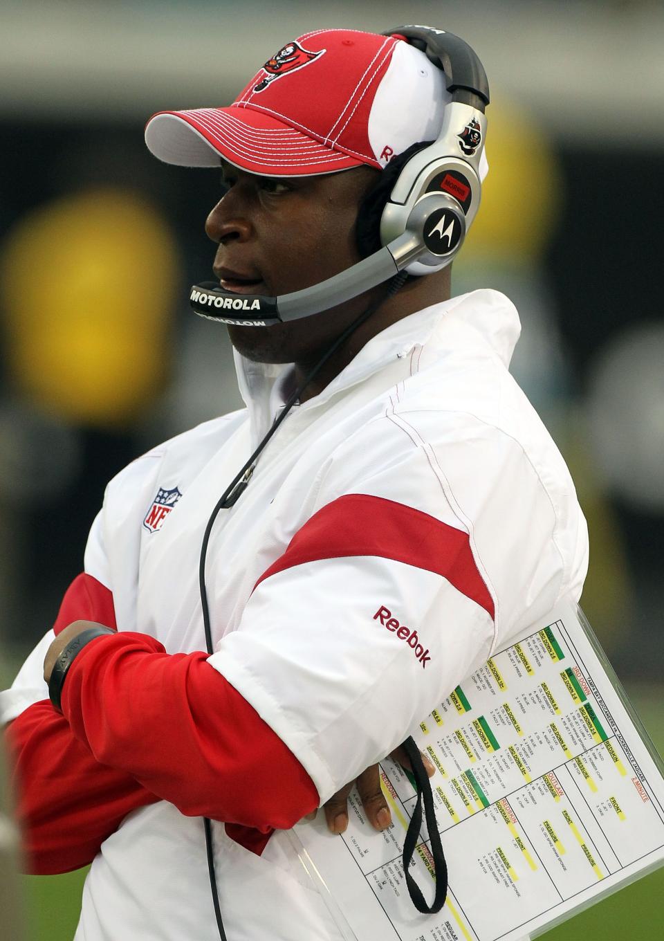 JACKSONVILLE, FL - DECEMBER 11:  Head coach Raheem Morris of the Tampa Bay Buccaneers watches the action during the game against the Jacksonville Jaguars at EverBank Field on December 11, 2011 in Jacksonville, Florida.  (Photo by Sam Greenwood/Getty Images) 