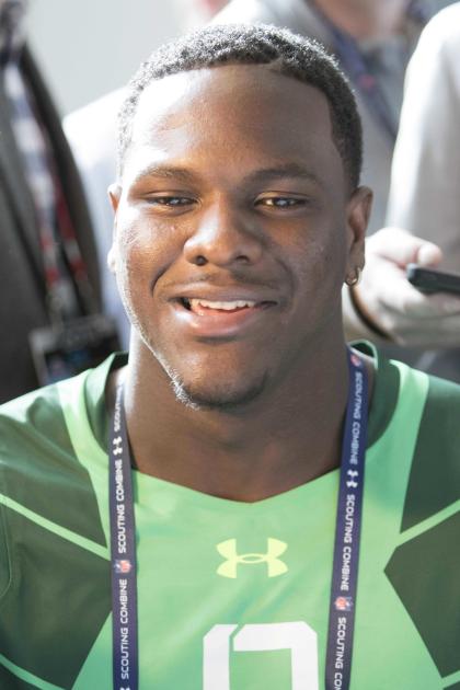 Feb 20, 2015; Indianapolis, IN, USA; Michigan defensive lineman Frank Clark speaks to the media at the 2015 NFL Combine at Lucas Oil Stadium. (Trevor Ruszkowski-USA TODAY Sports)