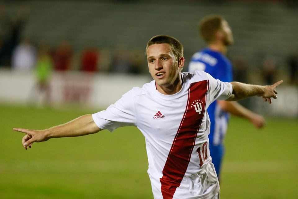 Jeremy Hogan | Herald-Times IU's Tanner Thompson (10) celebrates scoring against St. Louis.