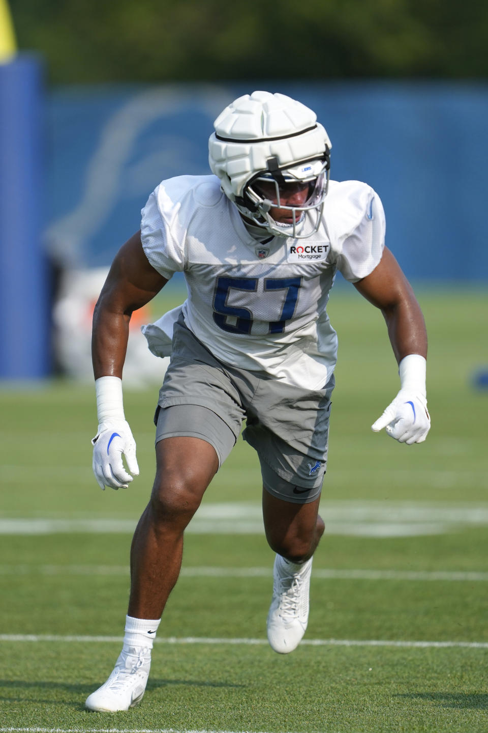 Detroit Lions linebacker Anthony Pittman runs a drill during an NFL football practice in Allen Park, Mich., Tuesday, July 25, 2023. (AP Photo/Paul Sancya)