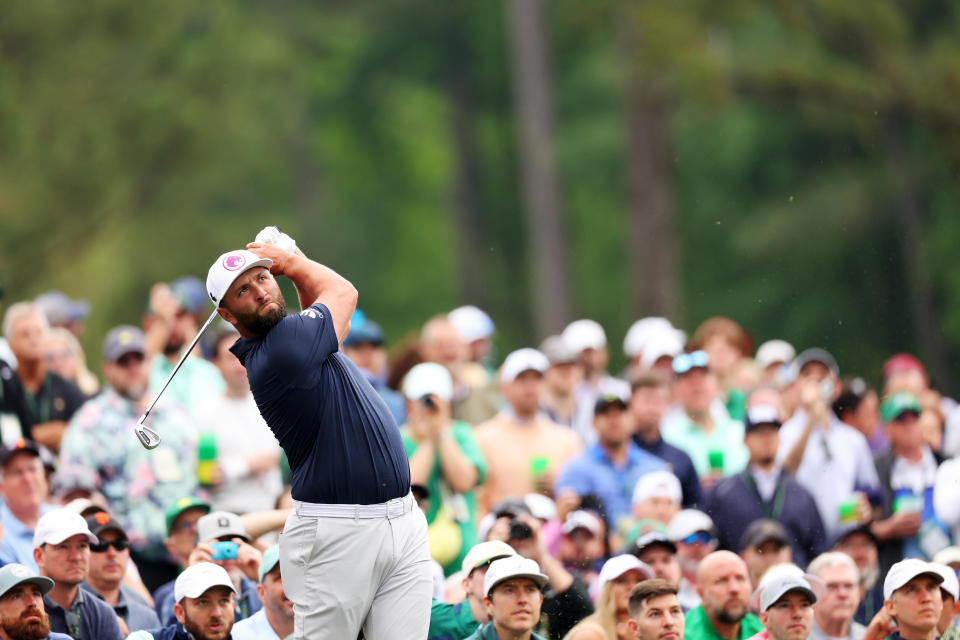 AUGUSTA, GA - APRIL 9: Spain's Jon Rahm hits a shot from the 12th tee during a practice round before the 2024 Masters Tournament at Augusta National Golf Club in Augusta, Georgia (April 2024) (Photo taken on the 9th).  (Photo by Andrew Reddington/Getty Images)