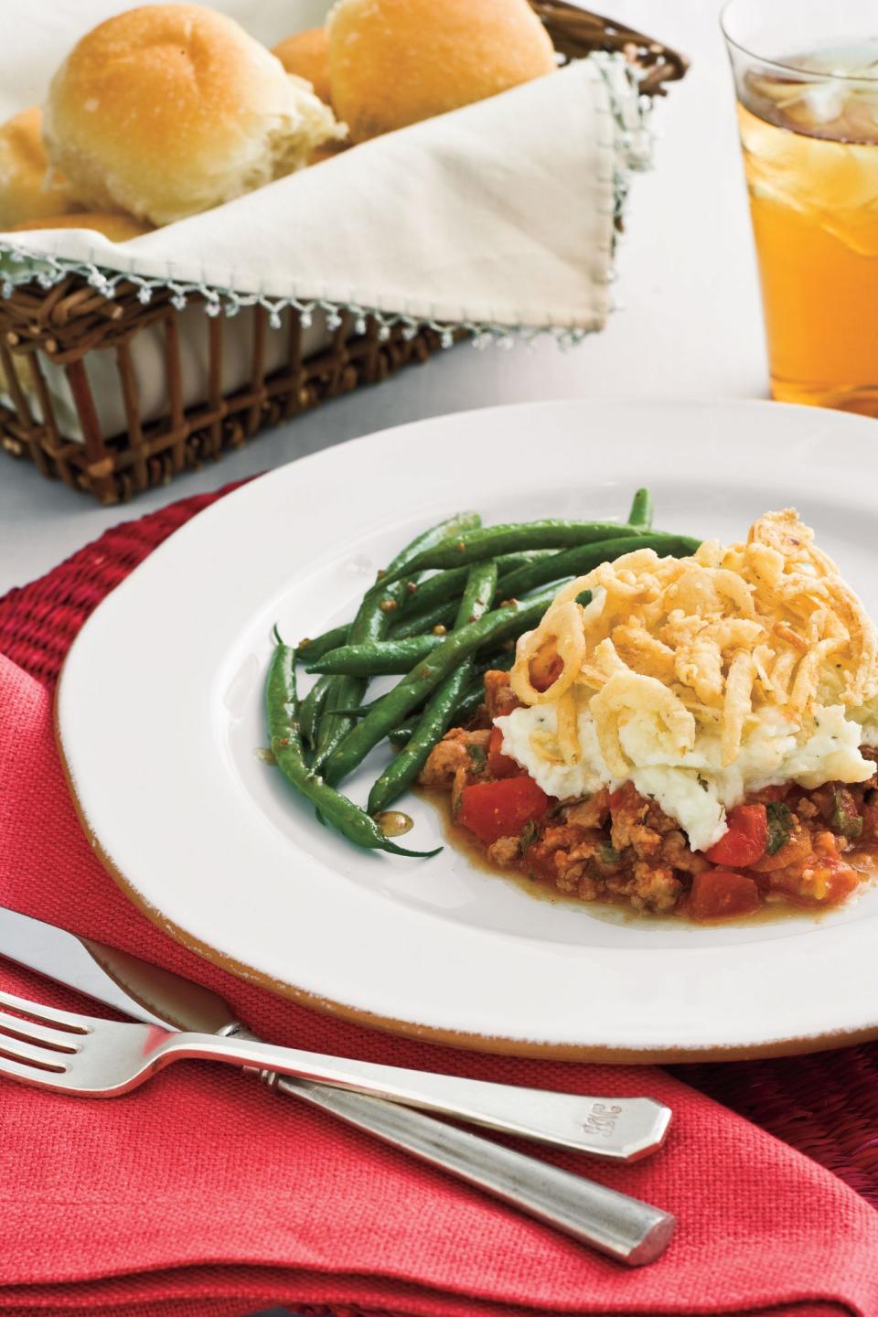 Onion-Topped Sausage 'n' Mashed Potato Casserole