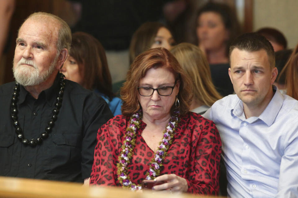 From left: JJ Vallow's grandparents Larry and Kay Woodcock, and Brandon Boudreaux attend the hearing for Lori Vallow Daybell on March 6, 2020, in Rexburg, Idaho.