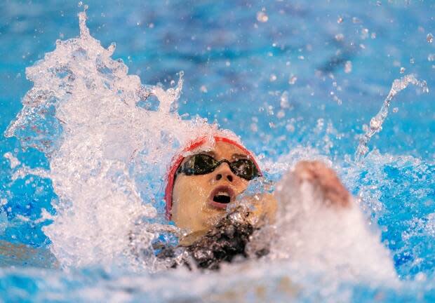 Tokyo-bound Kylie Masse of Lasalle, Ont., swims her way to first place in the Women’s 200-metre Backstroke at the 2020 Olympic Swimming Trials in Toronto on Wednesday. (Frank Gunn/The Canadian Press - image credit)