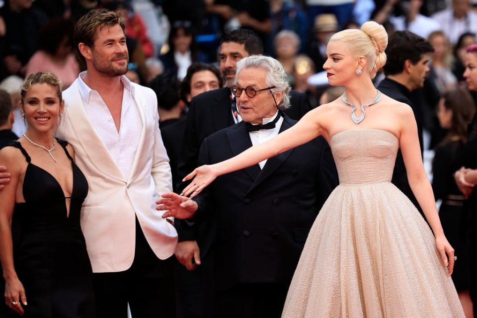 Elsa Pataky, Chris Hemsworth, George Miller and Anya Taylor-Joy arrive for the screening of the film "Furiosa: A Mad Max Saga" at the Cannes Film Festival on May 15, 2024.