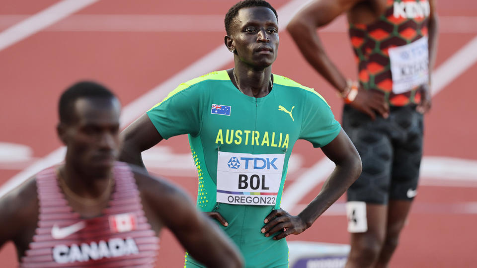 Peter Bol looks on before the final of the 800m dash at the 2022 World Athletics Championships.