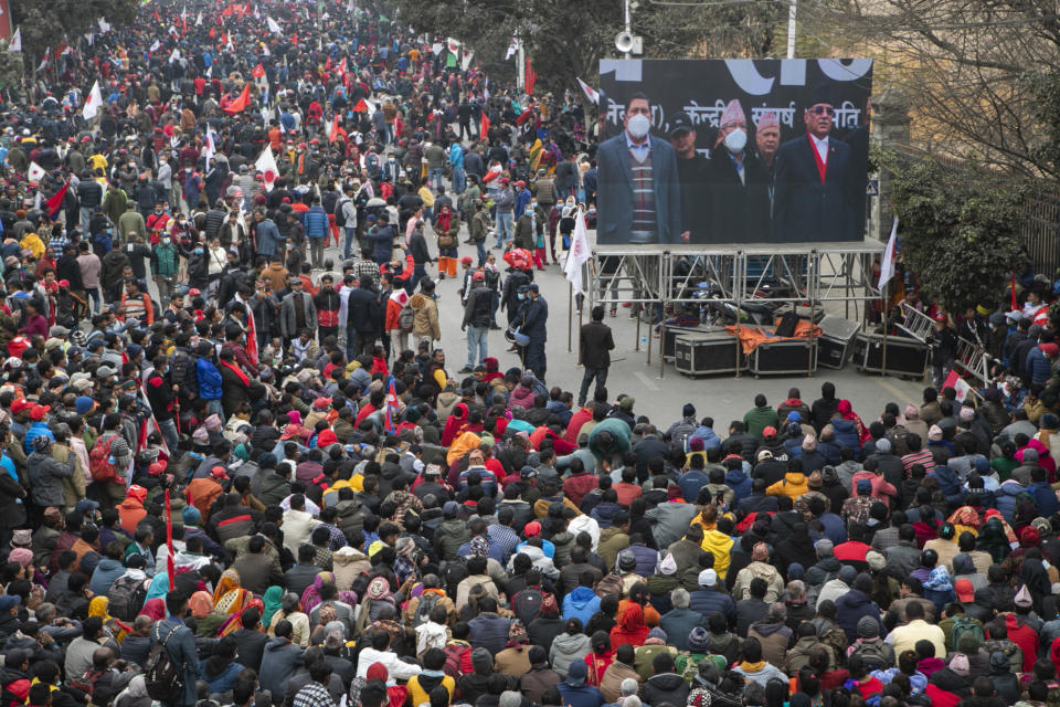 Supporters of a splinter group of Nepal's Communist Party rally in Kathmandu, Nepal, Wednesday, Feb.10, 2012. (AP Photo/Niranjan Shrestha)