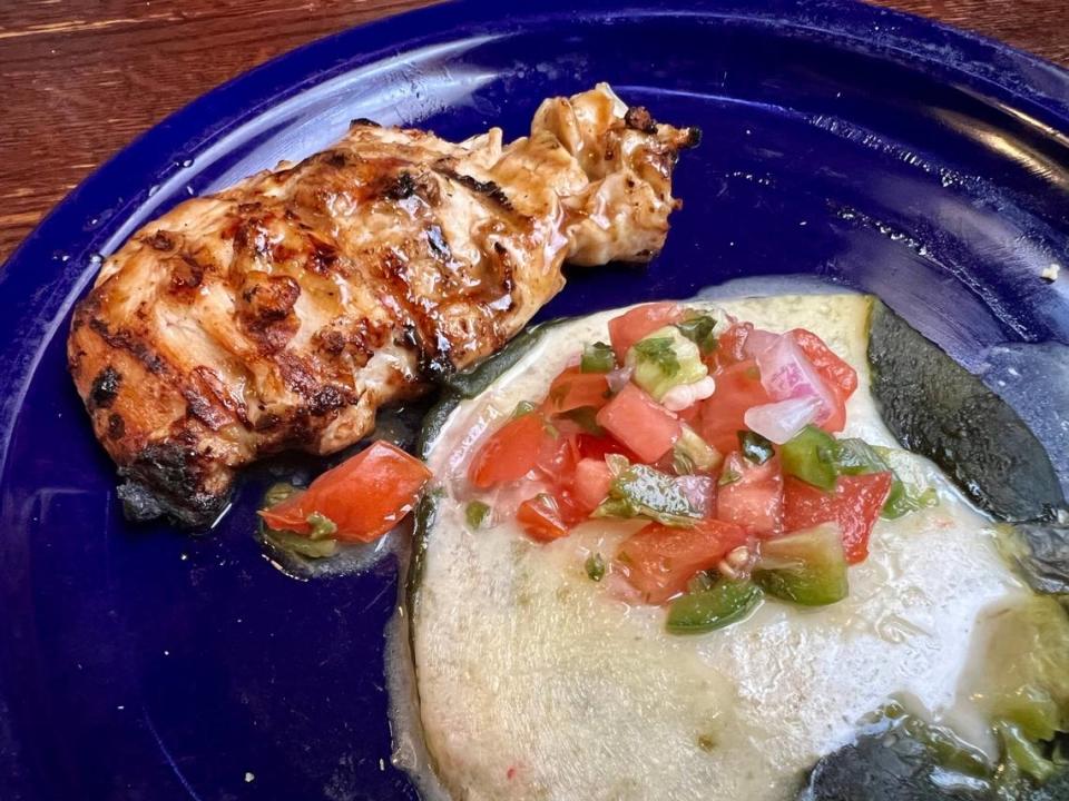 Grilled chicken with a pepperjack chile relleno is a daily lunch special at Hoffbrau Steak & Grill House.