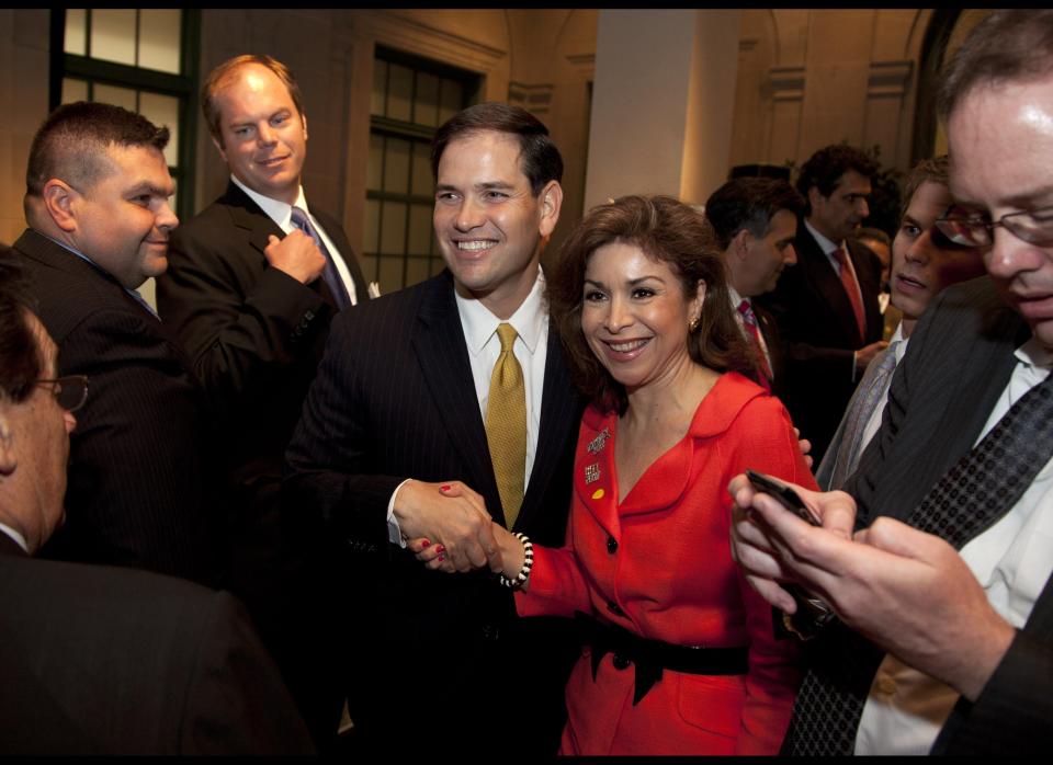 Sen. Marco Rubio, R-Fla. is greeted at the Latino Coalition annual economic summit, Wednesday, May 23, 2012, at the U.S. Chamber of Commerce in Washington. (AP Photo/Evan Vucci)