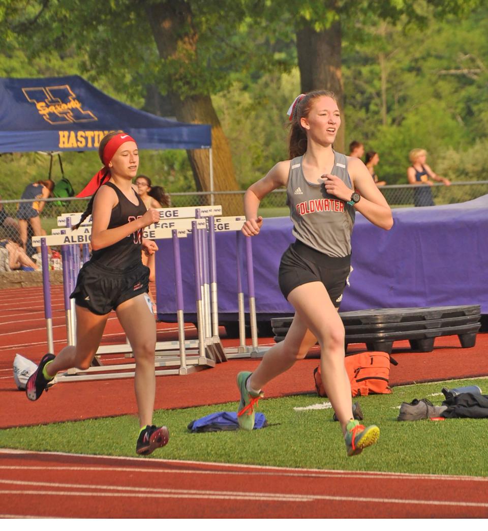 Coldwater's Lainey Yearling leads the pack during the 1600 meter run Tuesday. Yearling finished third in the event