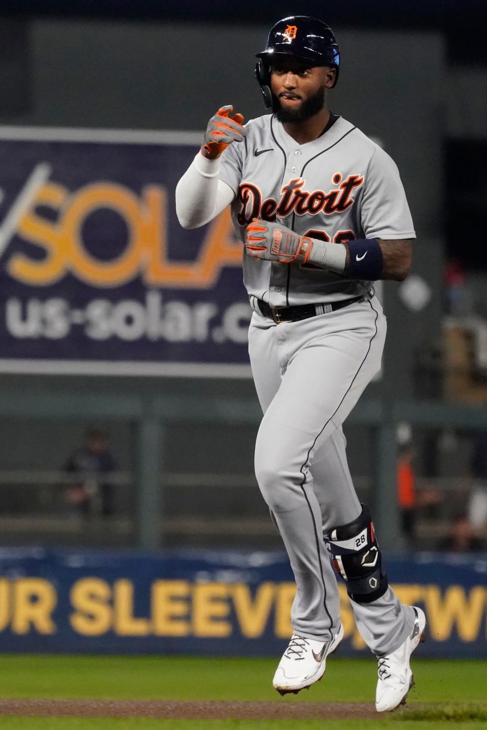 Detroit Tigers' Niko Goodrum rounds the bases on his three-run home run off Minnesota Twins pitcher Joe Ryan in the fourth inning, Thursday, Sept. 30, 2021, in Minneapolis.