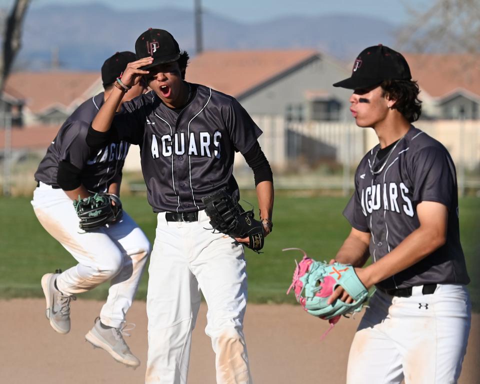 University Prep’s Robert Figueroa celebrates at the end of the game to beat Hesperia Christian on Wednesday, March 20, 2024 in Hesperia. University Prep defeated Hesperia Christian 9-4 in Cross Valley League play.