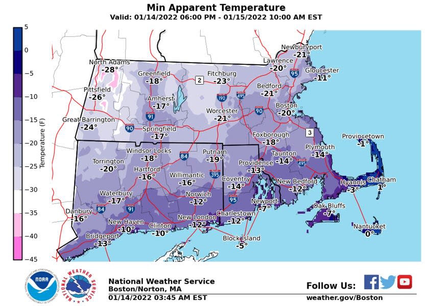 Dangerous wind chill values are expected over much of the region Friday night (Jan. 14, 2022) into Saturday. North winds of 40 to 50 mph are expected on Cape Cod, with gusts up to 70 mph, especially over the Outer Cape, which could lead to power outages.